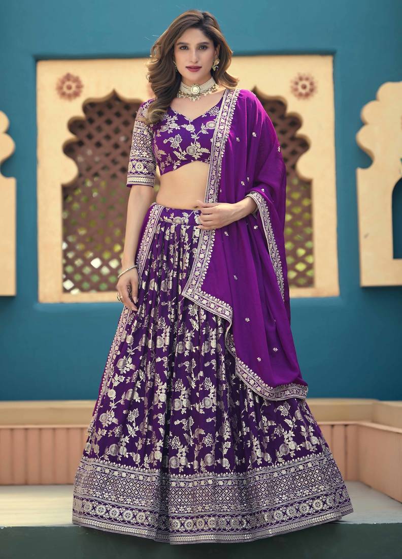 Purple Dola Silk Jacquard Woven With Heavy Thread Embroidery Sequins Work Lehenga Choli