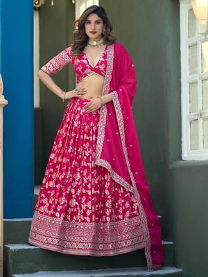 Rani Pink Dola Silk Jacquard Woven With Heavy Thread Embroidery Sequins Work Lehenga Choli 1
