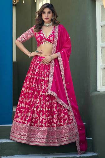 Rani Pink Dola Silk Jacquard Woven With Heavy Thread Embroidery Sequins Work Lehenga Choli