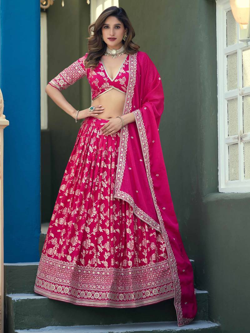 Rani Pink Dola Silk Jacquard Woven With Heavy Thread Embroidery Sequins Work Lehenga Choli