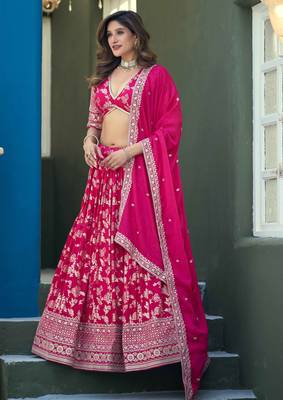 Rani Pink Dola Silk Jacquard Woven With Heavy Thread Embroidery Sequins Work Lehenga Choli 2