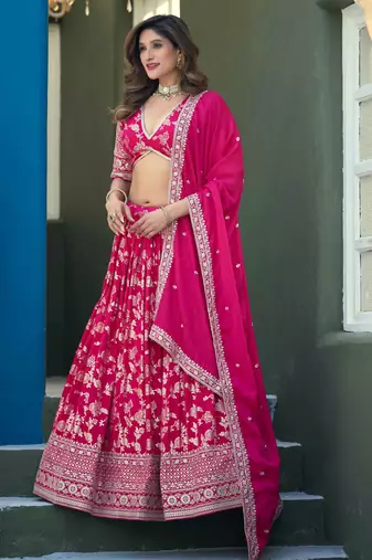 Rani Pink Dola Silk Jacquard Woven With Heavy Thread Embroidery Sequins Work Lehenga Choli