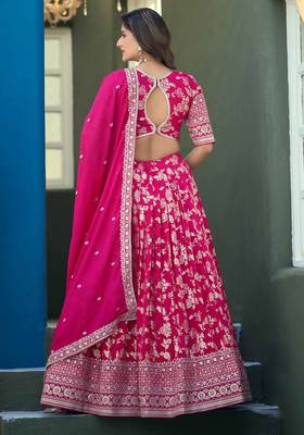 Rani Pink Dola Silk Jacquard Woven With Heavy Thread Embroidery Sequins Work Lehenga Choli 3