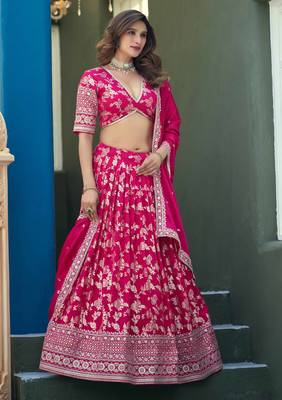 Rani Pink Dola Silk Jacquard Woven With Heavy Thread Embroidery Sequins Work Lehenga Choli 4