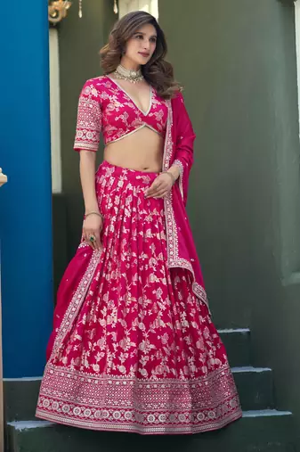Rani Pink Dola Silk Jacquard Woven With Heavy Thread Embroidery Sequins Work Lehenga Choli