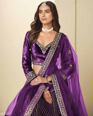 Purple Ice Velvet Heavy Thread Embroidery Sequins Work Lehenga Choli 5