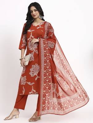 rust cotton straight kurta pant dupatta set 1
