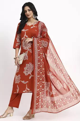 Yufta rust cotton straight kurta pant dupatta set