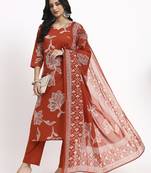 rust cotton straight kurta pant dupatta set