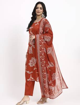 rust cotton straight kurta pant dupatta set 2