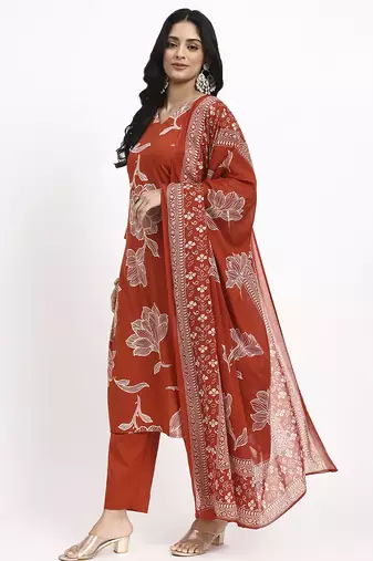 rust cotton straight kurta pant dupatta set