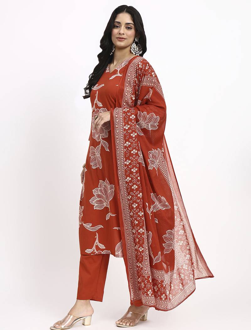 rust cotton straight kurta pant dupatta set