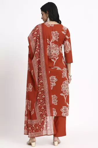 rust cotton straight kurta pant dupatta set
