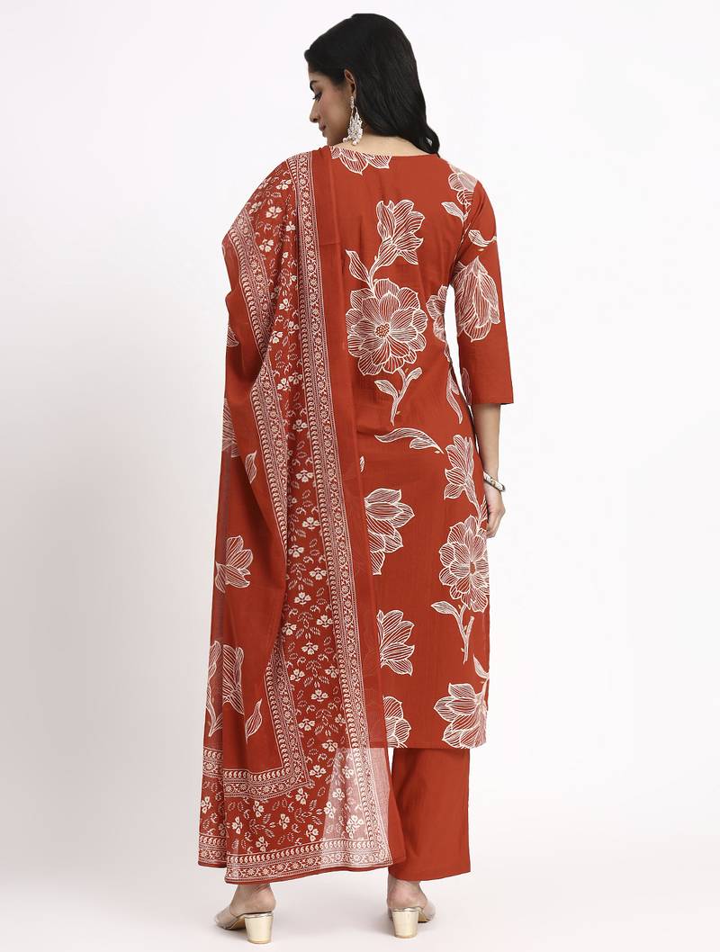 rust cotton straight kurta pant dupatta set