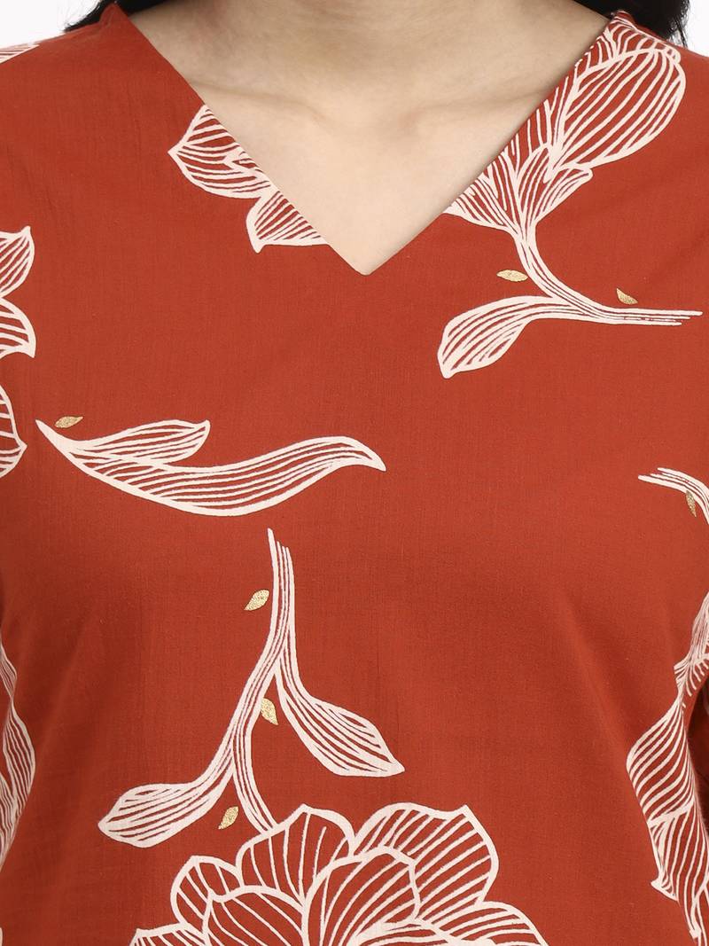 rust cotton straight kurta pant dupatta set