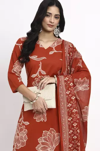 rust cotton straight kurta pant dupatta set
