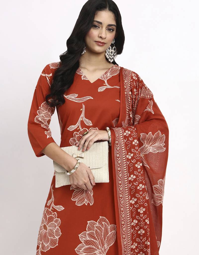 rust cotton straight kurta pant dupatta set