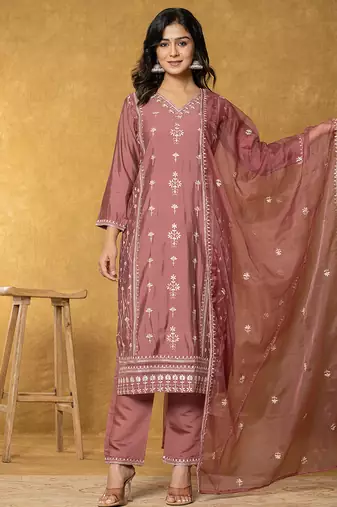 Yufta rust silk kurta dupatta pant set