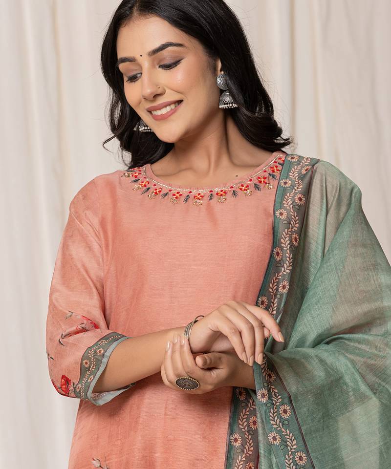chanderi rust kurta dupatta set