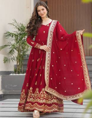Amazing Maroon Sequins Embroidered Georgette Gown With Dupatta 1