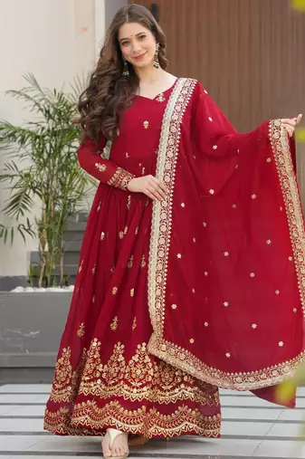 Amazing Maroon Sequins Embroidered Georgette Gown With Dupatta