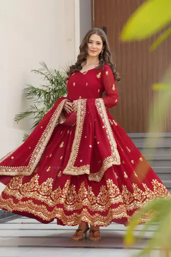 Amazing Maroon Sequins Embroidered Georgette Gown With Dupatta