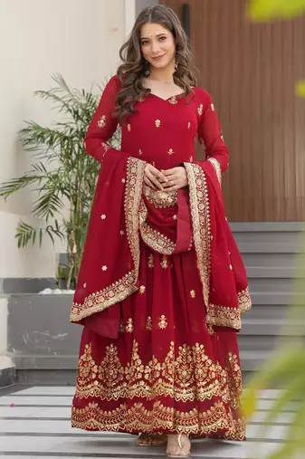 Amazing Maroon Sequins Embroidered Georgette Gown With Dupatta