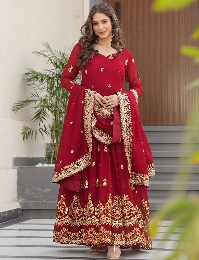 Amazing Maroon Sequins Embroidered Georgette Gown With Dupatta