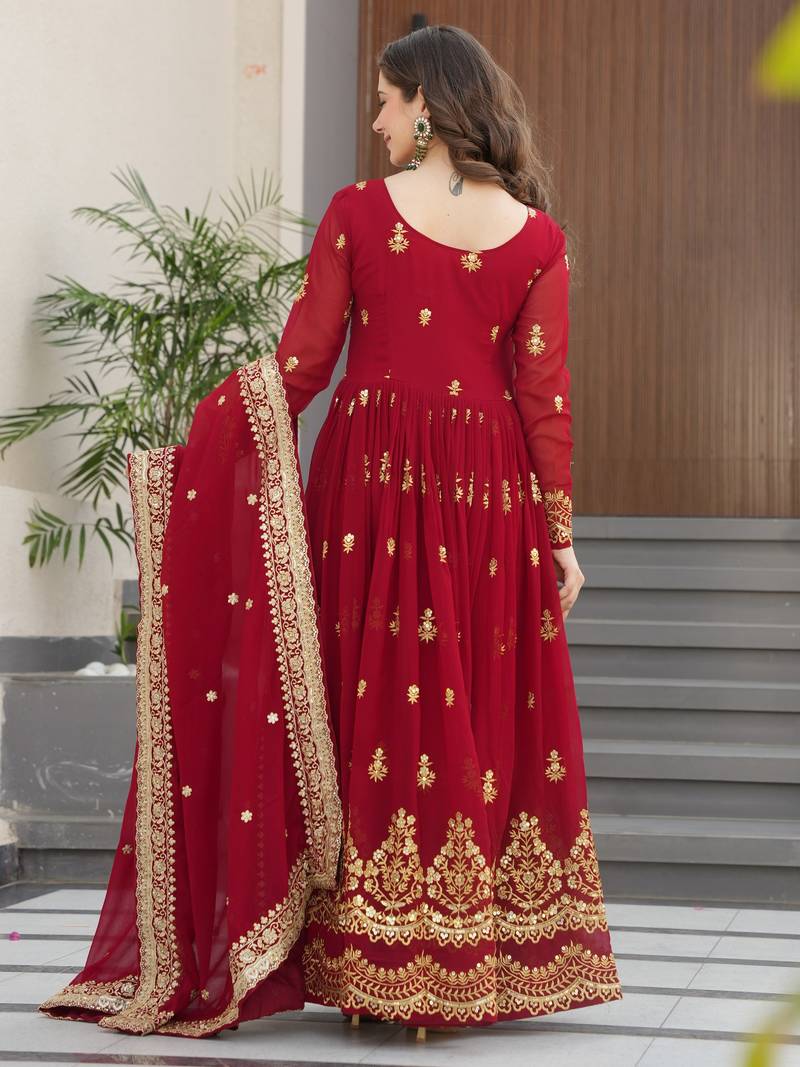 Amazing Maroon Sequins Embroidered Georgette Gown With Dupatta