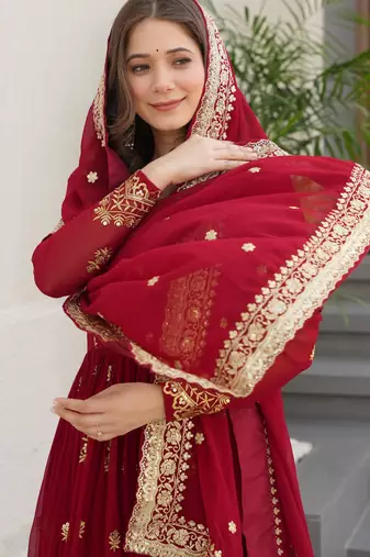 Amazing Maroon Sequins Embroidered Georgette Gown With Dupatta