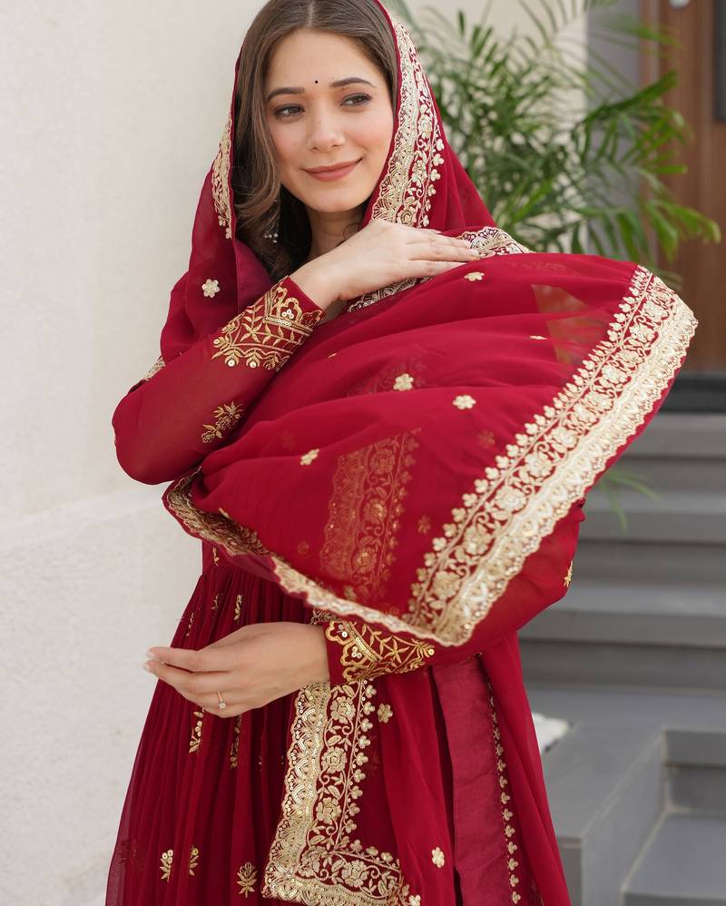 Amazing Maroon Sequins Embroidered Georgette Gown With Dupatta