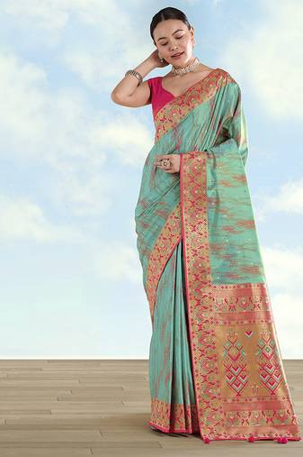 Sky blue color faux banarasi tissue silk paithani woven saree