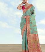Sky blue color faux banarasi tissue silk paithani woven saree
