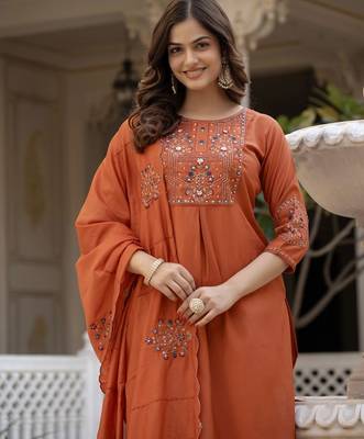 Orange Color Embroidery Sequins with Hand Work Viscose Silk Kurta Pent Set 2