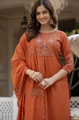 Orange Color Embroidery Sequins with Hand Work Viscose Silk Kurta Pent Set