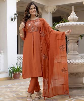 Orange Color Embroidery Sequins with Hand Work Viscose Silk Kurta Pent Set 1