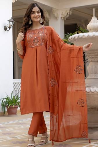 Orange Color Embroidery Sequins with Hand Work Viscose Silk Kurta pant Set