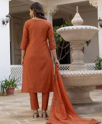 Orange Color Embroidery Sequins with Hand Work Viscose Silk Kurta Pent Set 3