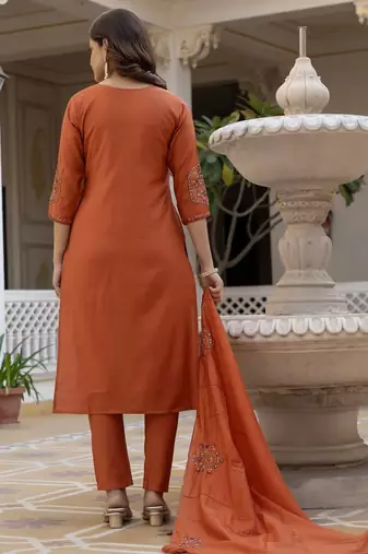 Orange Color Embroidery Sequins with Hand Work Viscose Silk Kurta Pent Set