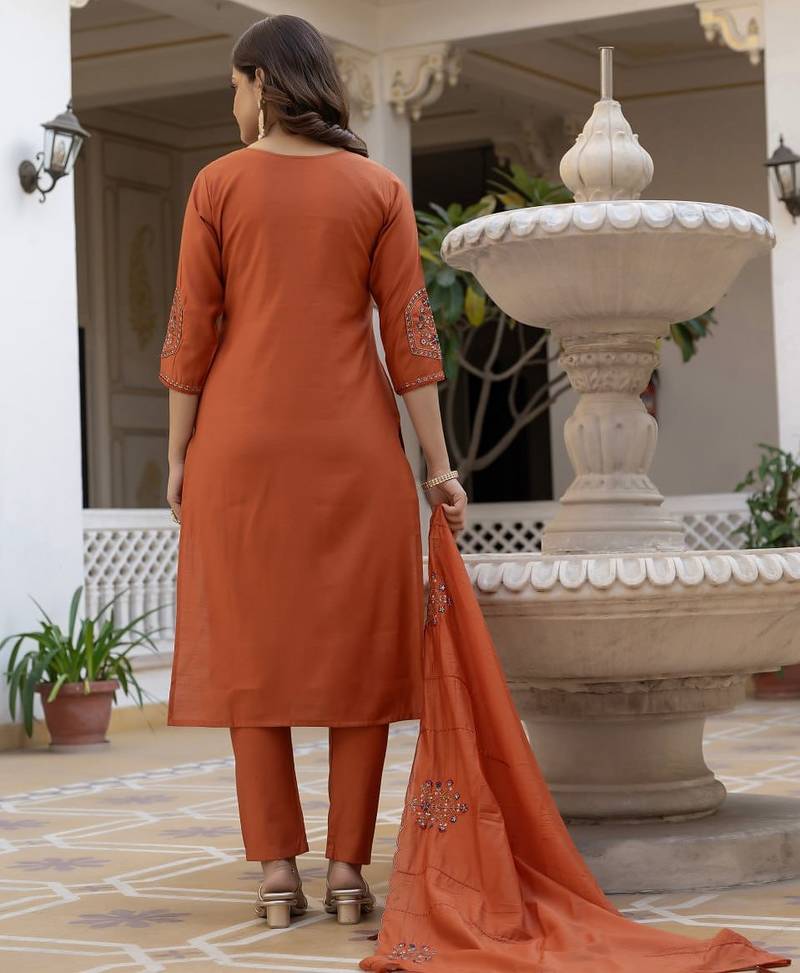 Orange Color Embroidery Sequins with Hand Work Viscose Silk Kurta pant Set
