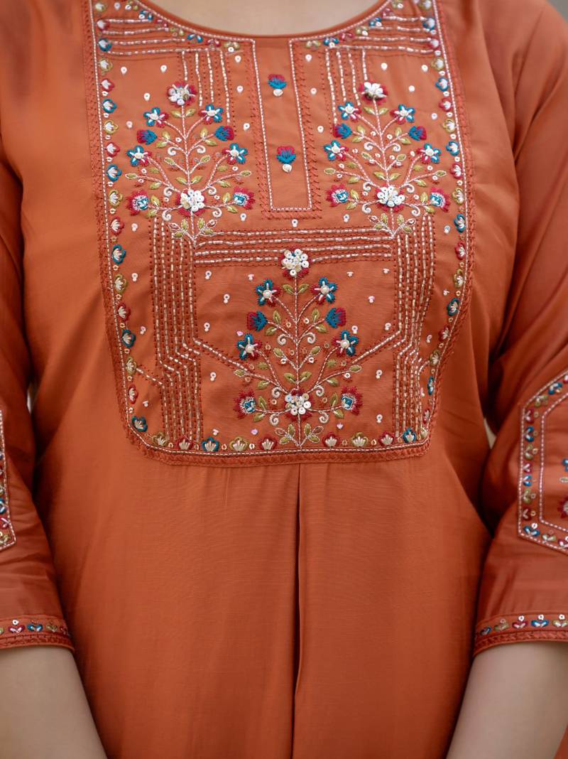 Orange Color Embroidery Sequins with Hand Work Viscose Silk Kurta pant Set
