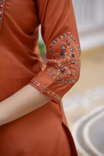 Orange Color Embroidery Sequins with Hand Work Viscose Silk Kurta Pent Set