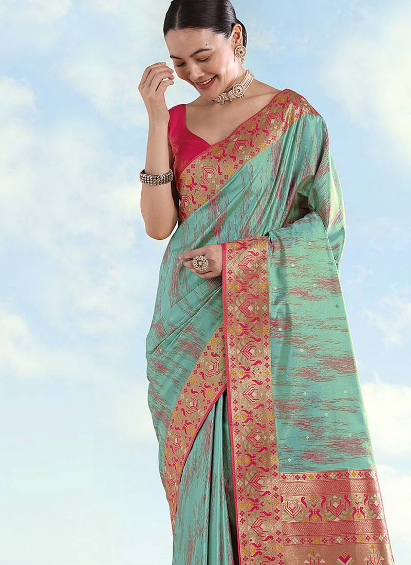 Sky blue color faux banarasi tissue silk paithani woven saree