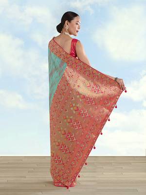 Sky blue color faux banarasi tissue silk blend paithani woven saree 4