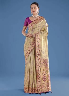 Beige color faux banarasi tissue silk blend paithani woven saree 1