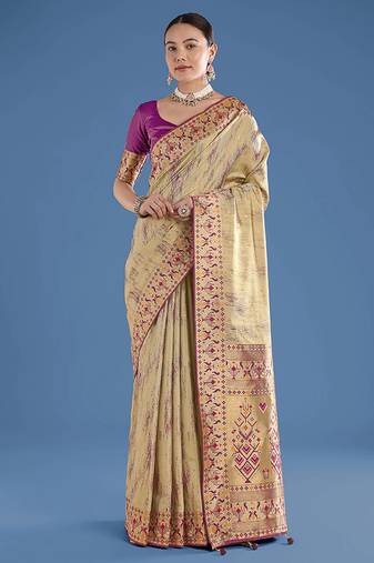 Beige color faux banarasi tissue silk paithani woven saree