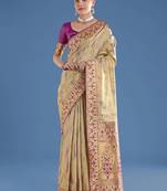 Beige color faux banarasi tissue silk paithani woven saree