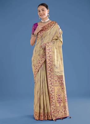 Beige color faux banarasi tissue silk blend paithani woven saree 2