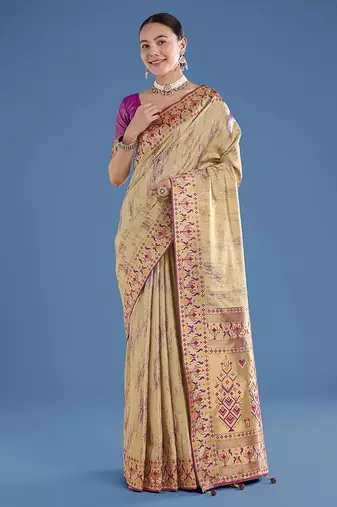 Beige color faux banarasi tissue silk blend paithani woven saree