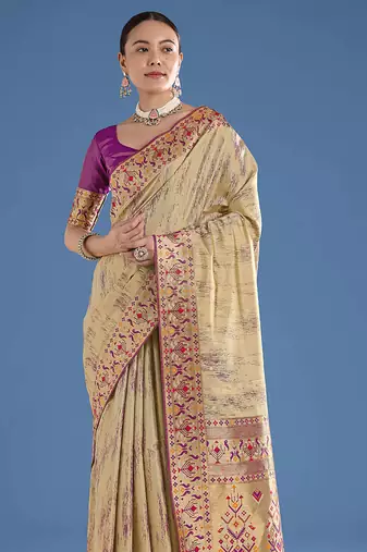 Beige color faux banarasi tissue silk blend paithani woven saree